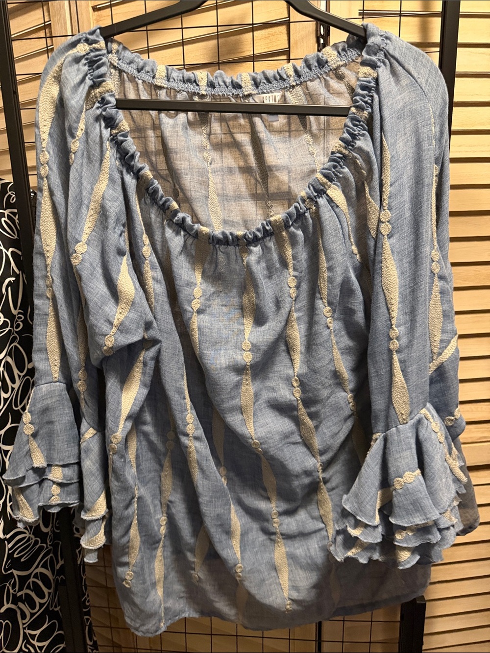 Kaktus Light Blue Embroidered Off-Shoulder Peasant Top